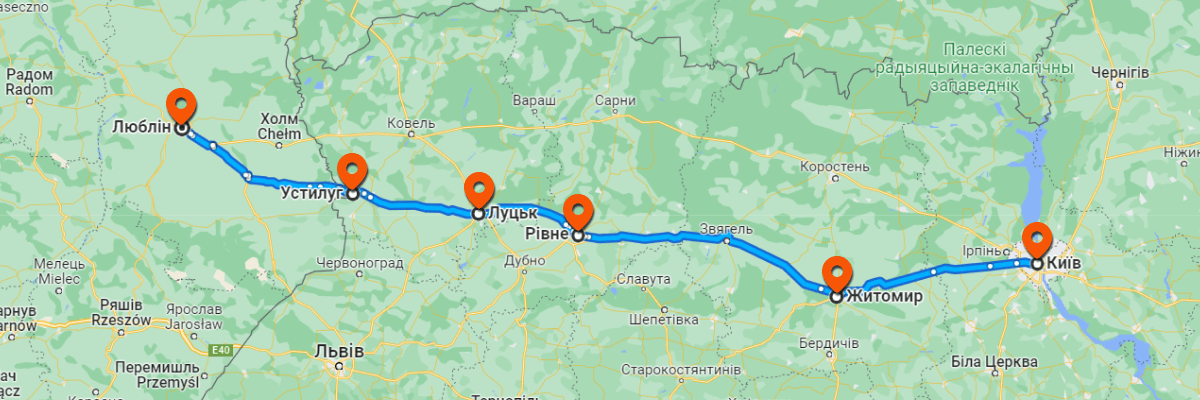 Маршрут Киев - Люблин на карте