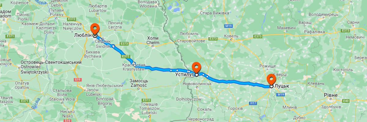 Route Lutsk - Lublin on the map