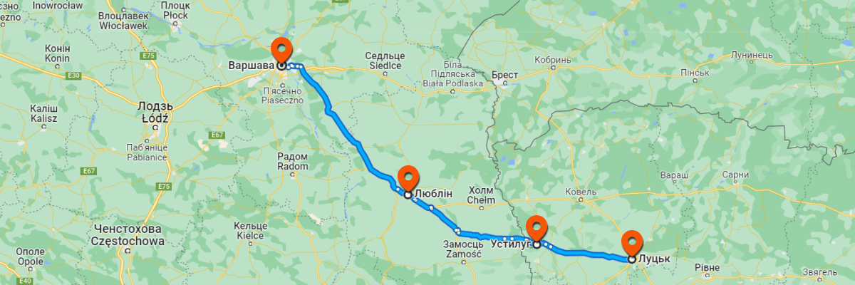 Route Lutsk - Warsaw on the map