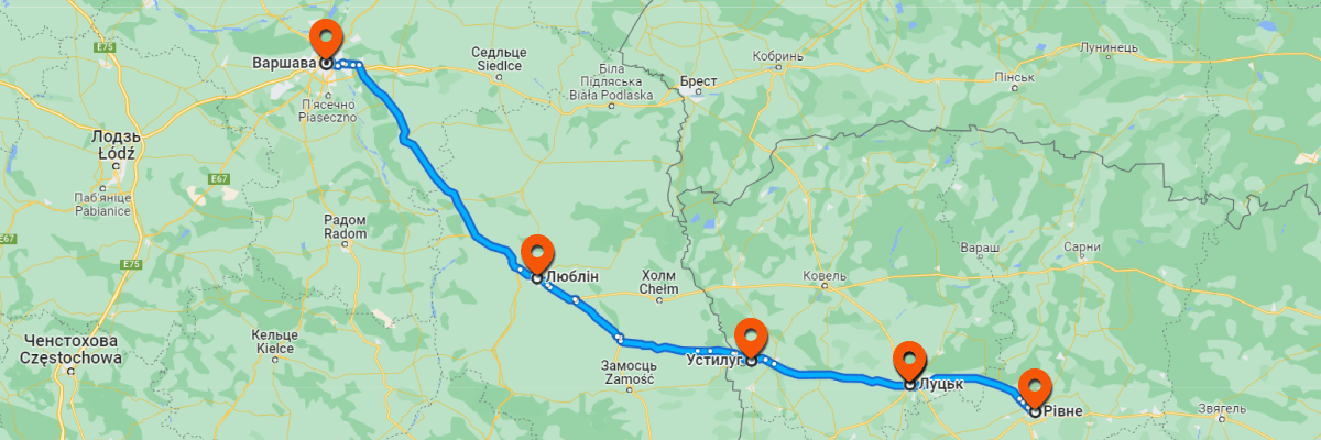 Route Warsaw - Rivne on the map
