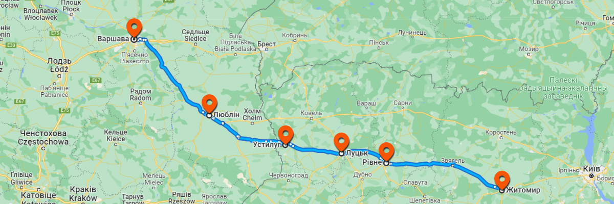 Route Warsaw - Zhytomyr on the map
